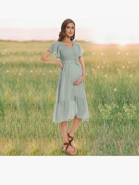 Maternity Smocked Midi Dress in Sage Green
